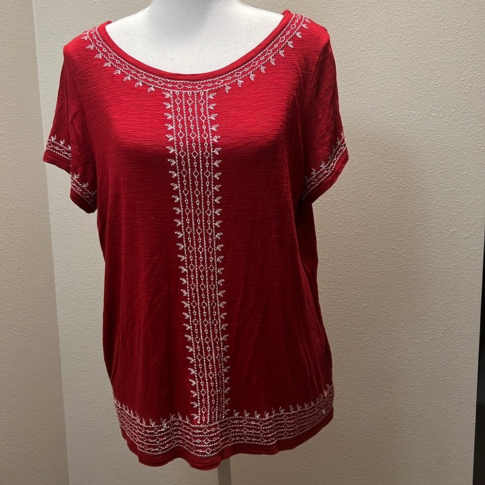 Rafaella Red Embroidered Short Sleeve Blouse